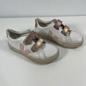VEJA Kids Esplar Sneaker White Leather Pink V Logo And Metallic Strap Size US 1